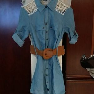 Denim cinch waist shirt dress with wide belt.